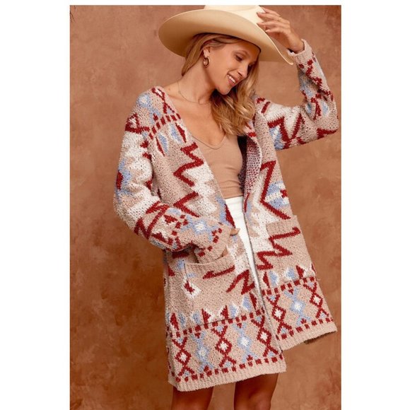 Boho Aztec Tribal Cowichan Knit Cardigan Sweater Duster Top Western Yellowstone - Picture 5 of 6